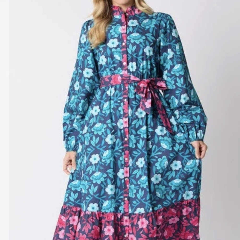 Peach Love California Teal & Pink Floral Long Sleeve Maxi Dress - Picture 4 of 4